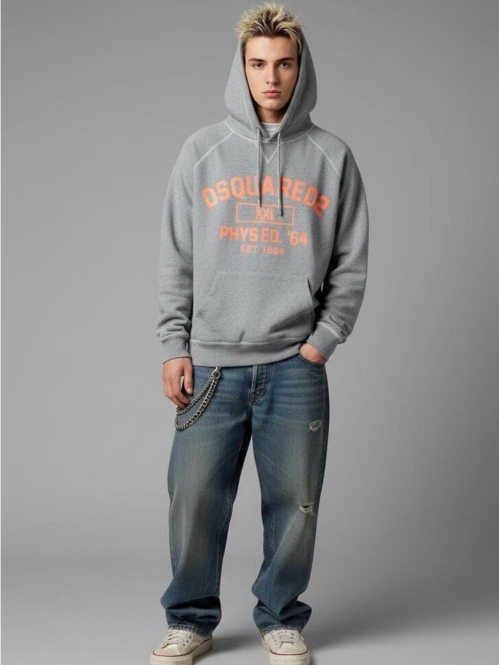 DSQUARED2 Grey Hoodie with Peach Logo — Men's Casual Pullover